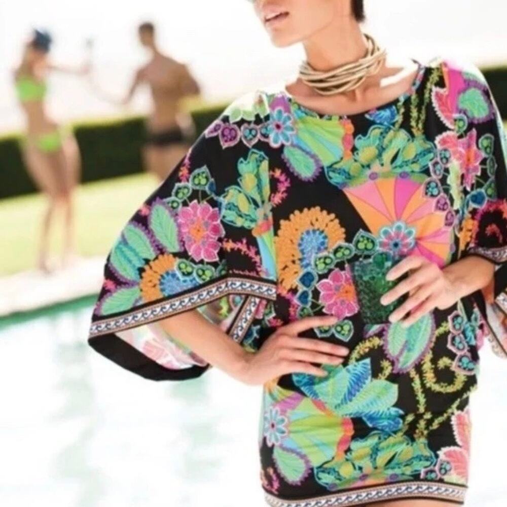 Trina Turk Balboa Bohemain Psychedelic Groovy Floral Mini Dress Swim Cover-Up M